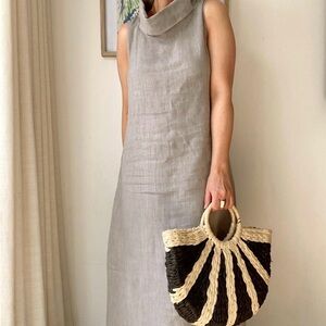 Francesca Bettini Made in Italy Chic Sleeveless Navy Blue 100%linen Maxi Dress